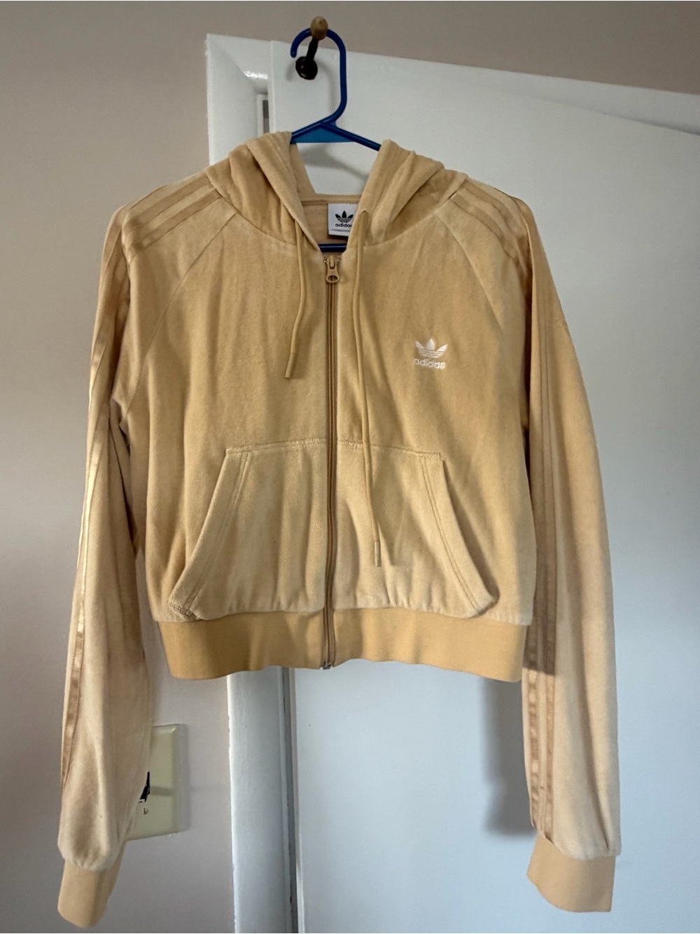 adidas Beige Velour Hooded Zip-Up Jacket